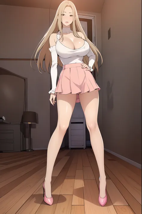 An extremely pretty beautiful busty sexy woman, long blonde hair, big pink eyes, shiny white fair skin, pink puffy lips, wearing a light brown short revealing mini top with a v neckline and short skirt with heels, separate brown sleeves, show full body fro...