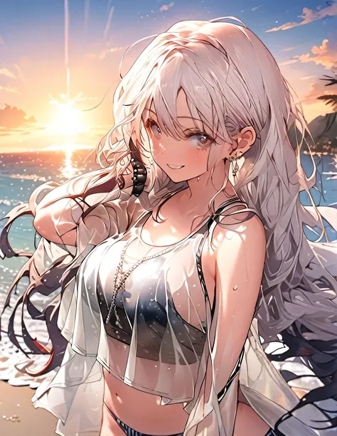 1girl, long hair, Transparent wet t-shirt, The beach background is set at sunset, full Body, Random Standing in a gravure pose, white hair, Bikini is rather transparent, Anime illustrations, Large breasts.