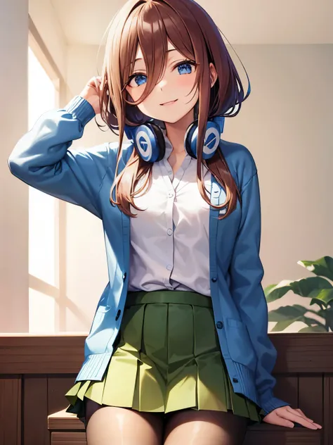 miku nakano, long hair, bangs, blue eyes, brown hair, shirt, hair between eyes, headphones, cardigan, headphones around neck,skirt, shirt, long sleeves, white shirt, pantyhose, pleated skirt, black pantyhose, cardigan, green skirt, blue cardigan,smile