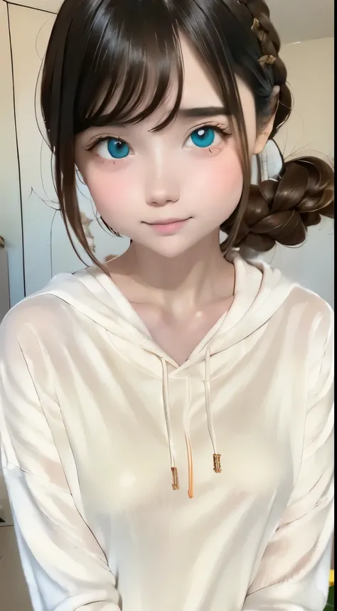 One Girl、((smile:0.1))、pretty girl、Dark beige hair、Baby Face、young、Delicate girl、Braiding、Upper Body、Small breasts、Unreasonable precision、Very detailed、Blue Shirt、Layering、light orange hoodie、Completely flat、Honesty、Thin arms, Professional Lighting, Film G...