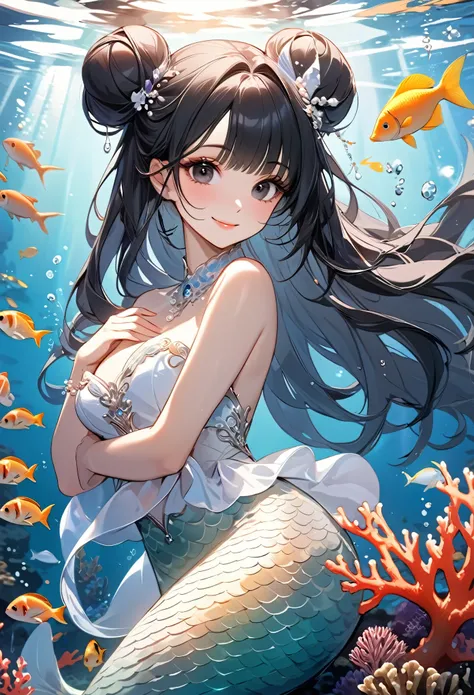 ((best quality)), ((Masterpiece)), (details), Young woman, (Medium bust, black hair, black eyes, ((long hair, buns)) ,(Bangs),beautiful face,Long eyelashes,Thick eyelashes)  , mermaid,(หางmermaid,),fish, fishหลากหลาย, deep underwater, Coral, Diffuse light,...