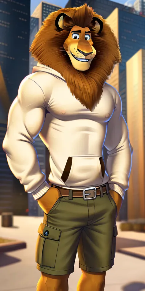 Alex the Lion, solo, muscular body, big biceps, extremely beautiful and cute face, white sweatshirt with long sleeves, cargo shorts with brown belt, one hand in pocket, city streets background, selfie, gentle look, cute smiling, hot, sexy, cutie