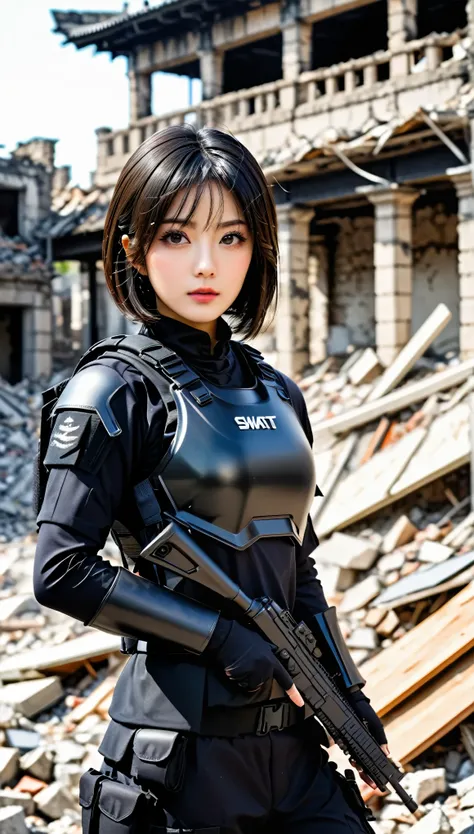 ((masterpiece)),((highest quality)),((High resolution)),((Very detailed)),Female,2,Woman,Japanese,Dark hair,Short bob,Beautiful eyes,Long eyelashes, Beautiful hair, beautiful skin, serious, BREAK (((pointed gun))), handgun, SWAT Uniforms,black bulletproof ...