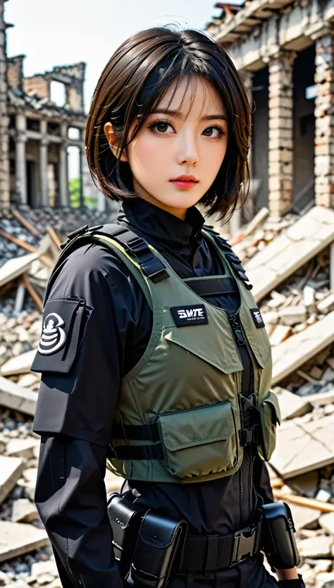 ((masterpiece)),((highest quality)),((High resolution)),((Very detailed)),Female,2,Woman,Japanese,Dark hair,Short bob,Beautiful eyes,Long eyelashes, Beautiful hair, beautiful skin, serious, BREAK (((pointed gun))), handgun, SWAT Uniforms,black bulletproof ...