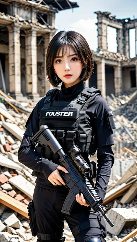 ((masterpiece)),((highest quality)),((High resolution)),((Very detailed)),Female,2,Woman,Japanese,Dark hair,Short bob,Beautiful eyes,Long eyelashes, Beautiful hair, beautiful skin, serious, BREAK (((pointed gun))), handgun, SWAT Uniforms,black bulletproof ...