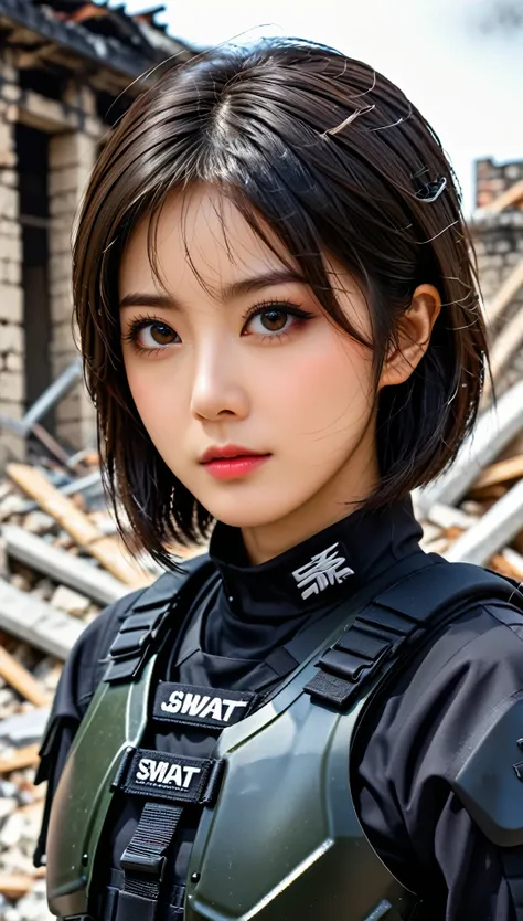 ((masterpiece)),((highest quality)),((High resolution)),((Very detailed)),Female,2,Woman,Japanese,Dark hair,Short bob,Beautiful eyes,Long eyelashes, Beautiful hair, beautiful skin, serious, BREAK (((pointed gun))), handgun, SWAT Uniforms,black bulletproof ...