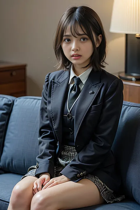 ((masterpiece:1.4))、((office:1.5))、((Girl with short hair, Light brown hair:1.4))、((She is wearing a grey checkered pleated skirt:1.4))、((黒色のタイトなWearing a suitいる:1.4))、((Girl sitting on sofa:1.7))、very Sexy Costumes, 厳格なWearing a suitいる、Stylish and gorgeou...