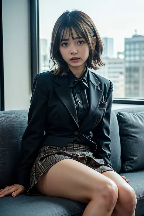 ((masterpiece:1.4))、((office:1.5))、((Girl with short hair, Light brown hair:1.4))、((She is wearing a grey checkered pleated skirt:1.4))、((黒色のタイトなWearing a suitいる:1.4))、((Girl sitting on sofa:1.7))、very Sexy Costumes, 厳格なWearing a suitいる、Stylish and gorgeou...