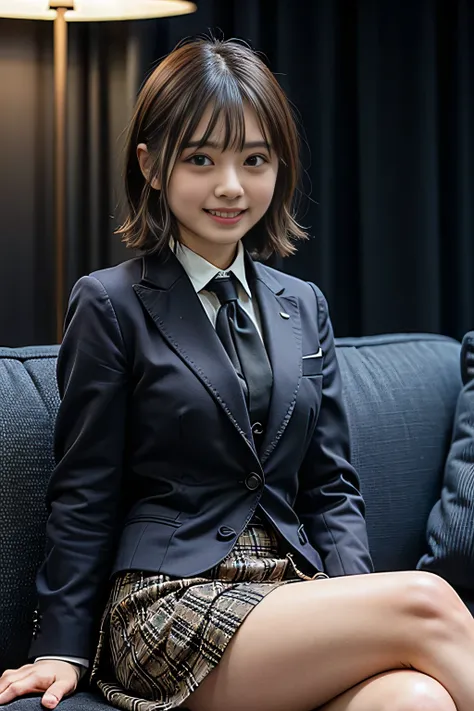 ((masterpiece:1.4))、((office:1.5))、((Girl with short hair, Light brown hair:1.4))、((She is wearing a grey checkered pleated skirt:1.4))、((黒色のタイトなWearing a suitいる:1.4))、((Girl sitting on sofa:1.7))、very Sexy Costumes, 厳格なWearing a suitいる、Stylish and gorgeou...