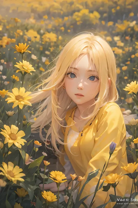 Yellow haired girl in a flower meadow