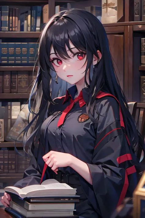 Girl with long black hair and pale skin with red eyes studying in a dark academy library