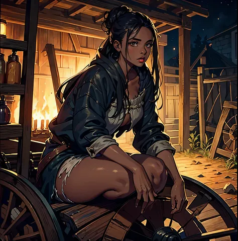 medieval waif girl, medium dark skin, (full lips: 1.2), (ragged torn clothing: 1.2), long dark hair in messy bun, crouched by wooden carriage at night