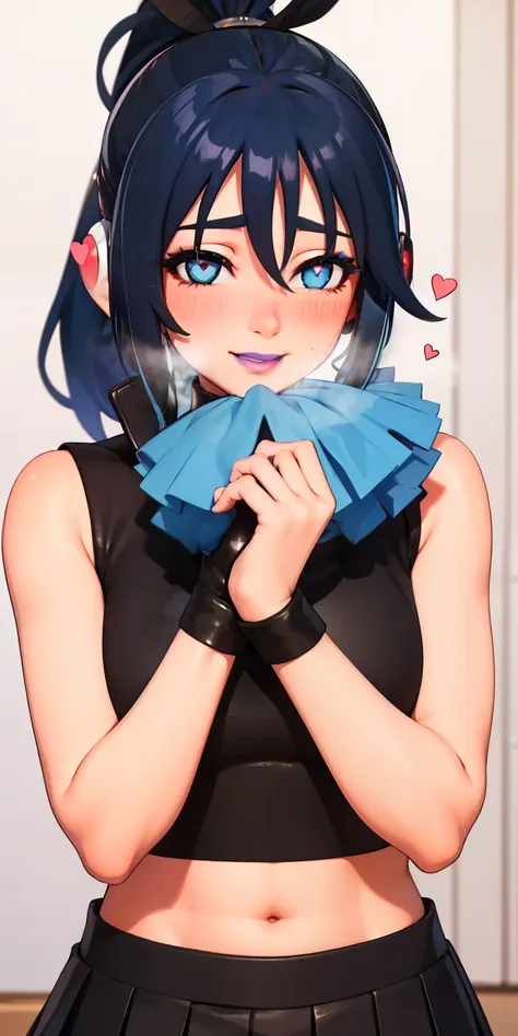 Heart-shaped_pupils, 1girl,blue hair, ponytail, blue eyes, eyeshadow, (blush:1.1),upper body,trembling, heart,(speed lines:1.1), ((heavy breathing:1.3)), love, heart, black crop top, sleeveless, Sleeveless shirt, black skirt, pleated skirt, cheerleader, pu...