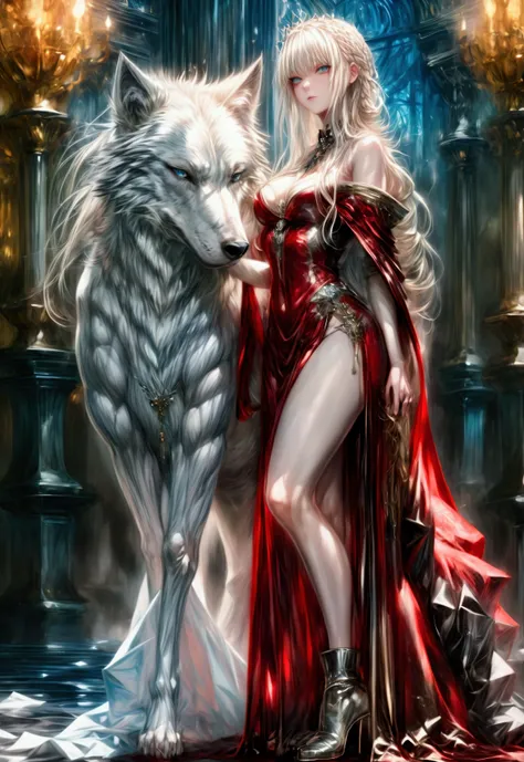 fantasy art, RPG art, ultra wide shot, RAW, photorealistic, a picture of woman and her (white: 1.4) wolf pet, the woman,  an exquisite beautiful human woman, long blond hair, braided hair, green eyes, wearing elegant silk dress, intricate dress,  wearing (...