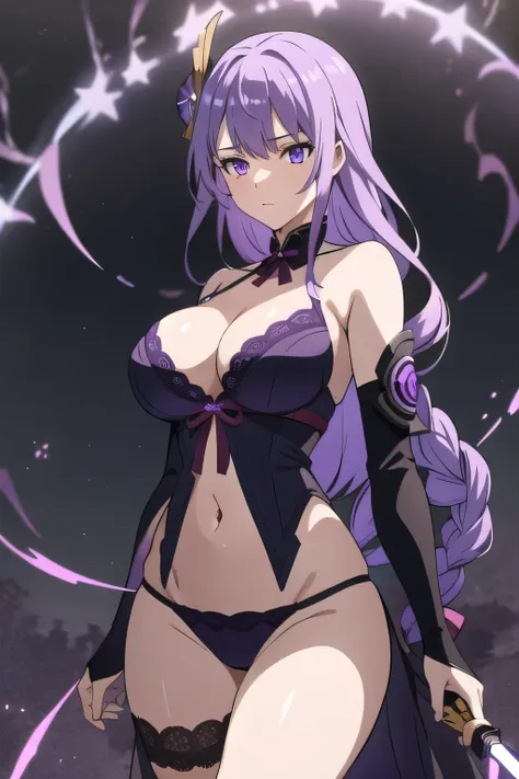 1girl, solo, raidenshogundef, purple eyes with light blue pupils, purple lace bra, purple lace lingerie, long hair, large breasts, glowing purple.