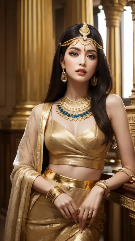 Create an image of Cleopatra, the famous Egyptian queen, with a regal and majestic appearance. She should be standing in an ancient Egyptian palace with grand marble columns and ornate hieroglyphs on the walls. Cleopatra is wearing an elegant, golden headd...