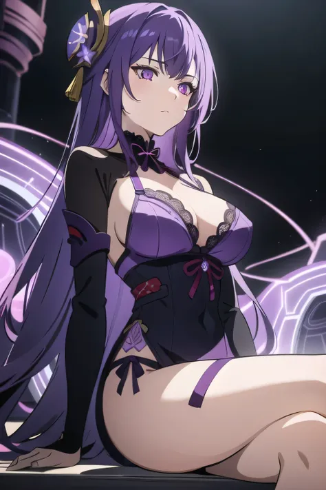 1girl, solo, raidenshogundef, purple eyes with light blue pupils, purple lace bra, purple lace lingerie, long hair, large breasts, glowing purple, upper body, glowing eyes, sitting.