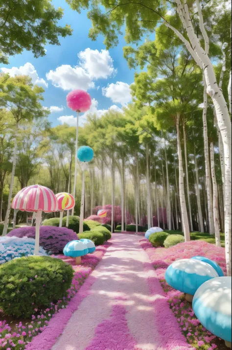 1girl, cute candyland, cotton candy sky, whimsical mushroom forest, colorful candy trees, lollipop plants, marshmallow clouds, bubblegum grass, gummy bear path, chocolate river, (best quality,4k,8k,highres,masterpiece:1.2),ultra-detailed,(realistic,photore...