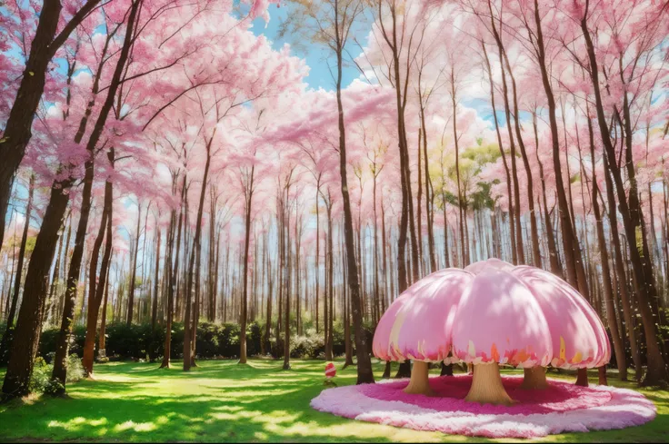 1girl, cute candyland, cotton candy sky, whimsical mushroom forest, colorful candy trees, lollipop plants, marshmallow clouds, bubblegum grass, gummy bear path, chocolate river, (best quality,4k,8k,highres,masterpiece:1.2),ultra-detailed,(realistic,photore...