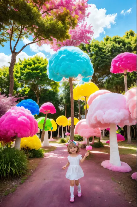 cute candyland, cotton candy sky, whimsical mushroom forest, colorful candy trees, lollipop plants, marshmallow clouds, bubblegum grass, gummy bear path, chocolate river, (best quality,4k,8k,highres,masterpiece:1.2),ultra-detailed,(realistic,photorealistic...