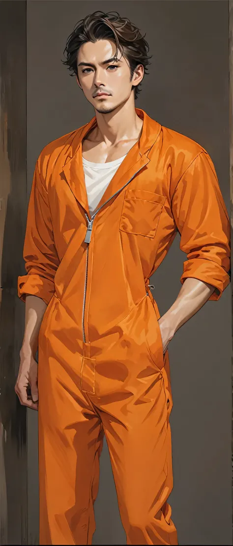 masterpiece, Beautiful illustration, man, One hand in the pocket, Prison robe, orange robe, masterpiece, Beautiful illustration, man, One hand in the pocket, Prison robe, orange robe, orange jumpsuit, orange pants, sleeves rolled up, pole position, half tu...