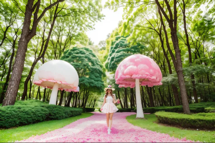 1girl, cute candyland, cotton candy sky, whimsical mushroom forest, colorful candy trees, lollipop plants, marshmallow clouds, bubblegum grass, gummy bear path, chocolate river, (best quality,4k,8k,highres,masterpiece:1.2),ultra-detailed,(realistic,photore...