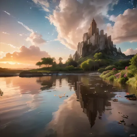 (8k, highest quality, masterpiece, final fantasy style: 1.2), (unRealistic, photoRealistic: 1.37), Dreamy landscape, epic scenes, sunset, Fantasy, Unsurreal landscapes, Super detailed, Flying futuristic  Castle, Floating Island in the Sky, Seven-colored sw...