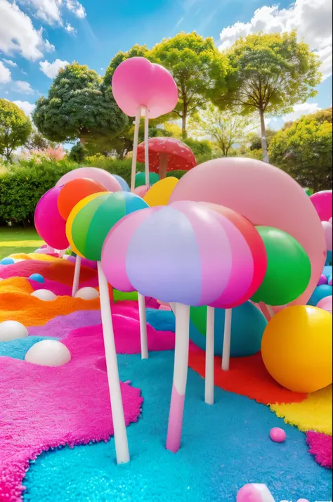 cute candyland, cotton candy sky, whimsical mushroom forest, colorful candy trees, lollipop plants, marshmallow clouds, bubblegum grass, gummy bear path, chocolate river, (best quality,4k,8k,highres,masterpiece:1.2),ultra-detailed,(realistic,photorealistic...