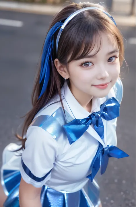 Very beautiful cute girl) (very cute face:1.2),(baby face),(sparking clear attractive large eyes:1.2), Beautiful detailed eyes, Detailed double eyelids, smiling, (realistic photograph:1.1), in the street,
(super shiny metallic blue and white sailor high sc...