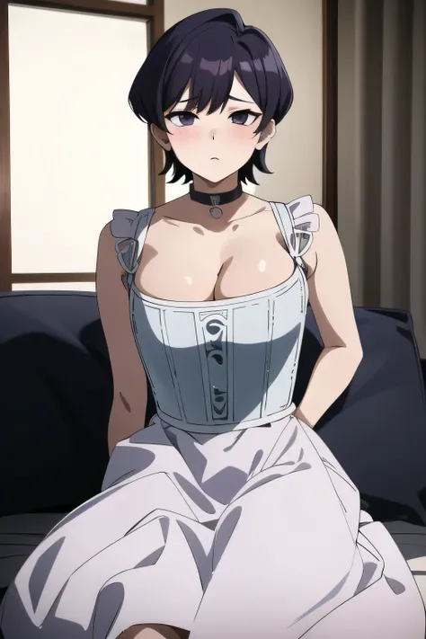 1girl, komishuuko, dark purple/black hair, short hair, large breasts, indoor, cleavage, looking at viewer, blush, ch1nac0rs3t, cleavage, overbust blue and white corset,