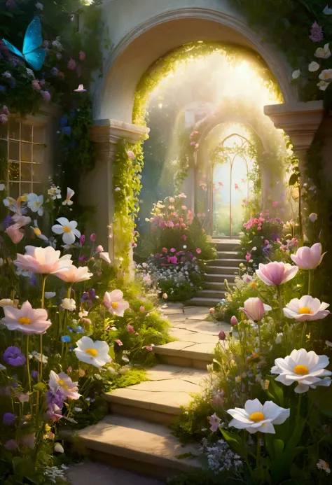 A magical garden with flowers and elements that slowly begin to fade away, as if dissolving into a soft, luminous glow, creating a dreamlike and ethereal atmosphere.