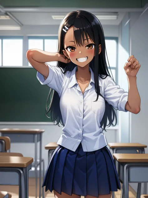 1girl, cowboy shot, grin, classroom, fighting stance, 
nagatoro_hayase, brown eyes, black hair, long hair, dark skin, dark-skinned female, tan, tanlines, hairclip, school uniform, white shirt, collared shirt, pleated skirt