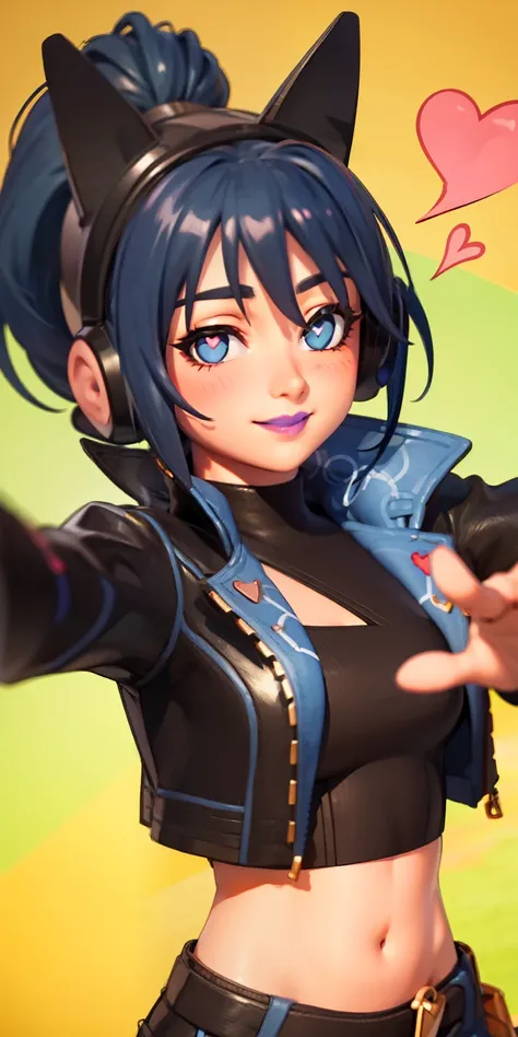 Heart-shaped_pupils, 1girl,blue hair, ponytail, blue eyes, eyeshadow, (blush:1.1),upper body,trembling, heart,(speed lines:1.1), ((heavy breathing:1.3)), love, heart, cowgirl outfit, black jacket, jacket crop top, navel, black crop top, cowgirl hat, purple...