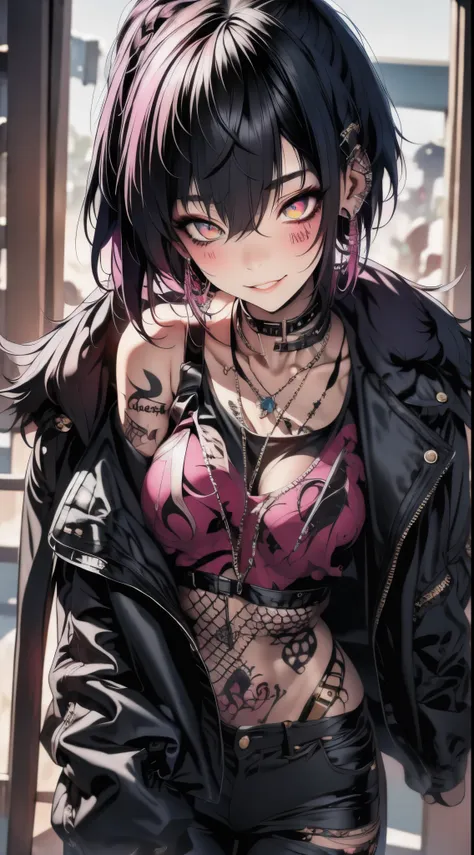 masterpiece, best quality, pixiv, cool girl, many piercings, earrings, tattoos, black fur, pink dip dyed hair, grey eyes