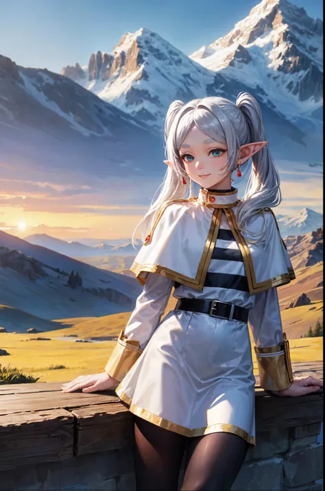 (masterpiece:1.2, highest quality), 1girl, (beautiful scenery),(alluring smile:1.3, upper eye), frieren, elf ear,silver hair,twin tails,(white skirt),cape,black tights, mountain cabin, sunny day, fantasy mountains in the background,