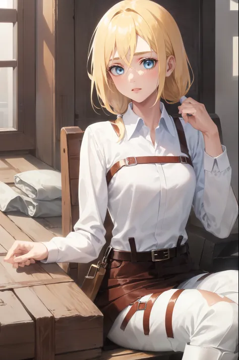 masterpiece, best quality, highres,
1girl, solo, looking at viewer, sitting, 
historia, christa renz, blonde hair, blue eyes, hair between eyes, short hair,  ponytail,
belt, thigh strap, pants, white pants, boots, shirt, white shirt, collared shirt