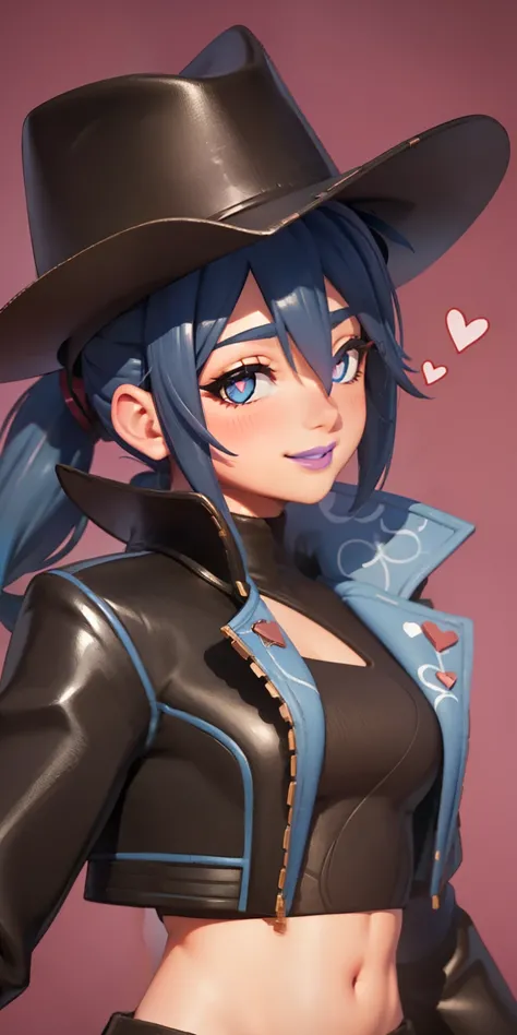 Heart-shaped_pupils, 1girl,blue hair, ponytail, blue eyes, eyeshadow, (blush:1.1),upper body,trembling, heart,(speed lines:1.1), ((heavy breathing:1.3)), love, heart, cowgirl outfit, fringe trim, black jacket, jacket crop top, navel, black crop top, cowboy...