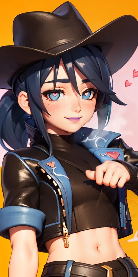 Heart-shaped_pupils, 1girl,blue hair, ponytail, blue eyes, eyeshadow, (blush:1.1),upper body,trembling, heart,(speed lines:1.1), ((heavy breathing:1.3)), love, heart, cowgirl outfit, fringe trim, black jacket, jacket crop top, navel, black crop top, cowboy...