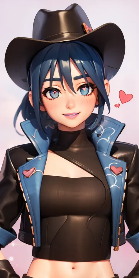 Heart-shaped_pupils, 1girl,blue hair, ponytail, blue eyes, eyeshadow, (blush:1.1),upper body,trembling, heart,(speed lines:1.1), ((heavy breathing:1.3)), love, heart, cowgirl outfit, fringe trim, black jacket, jacket crop top, navel, black crop top, cowboy...