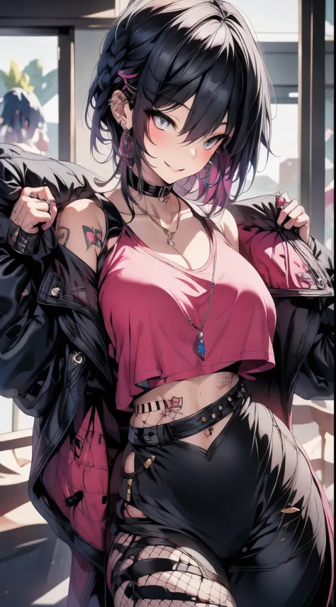 masterpiece, best quality, pixiv, cool girl, many piercings, earrings, tattoos, black fur, pink dip dyed hair, grey eyes