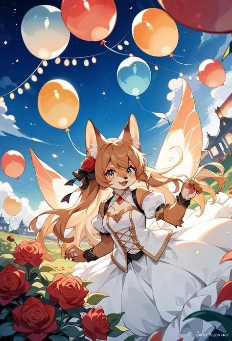 rating_safe, score_9, score_8_up, score_7_up, score_6_up, score_5_up, score_4_up, source_furry, highres, Two beautiful brides, kemono, furry, very detailed body fur, Cute white caravan with white and red roses, diamonds, lots of fairy lights, bunting, ball...