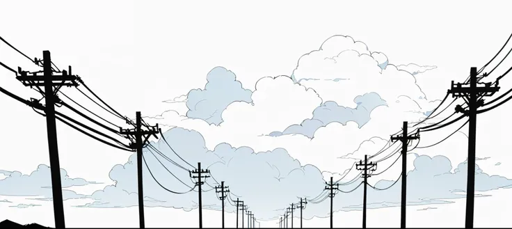 High resolution, masterpiece, Highest quality,Line art,Simple Background,Electric pole,(electric wire),Blue sky with clouds