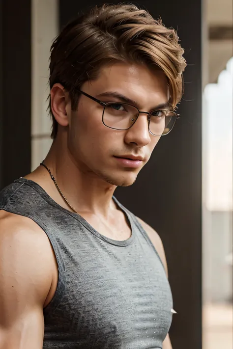 beautiful young man, cute face, blonde, short gel hairstyle with spikes, square glasses with black frame, frontal view, challenging look, muscle shirt, biceps curls