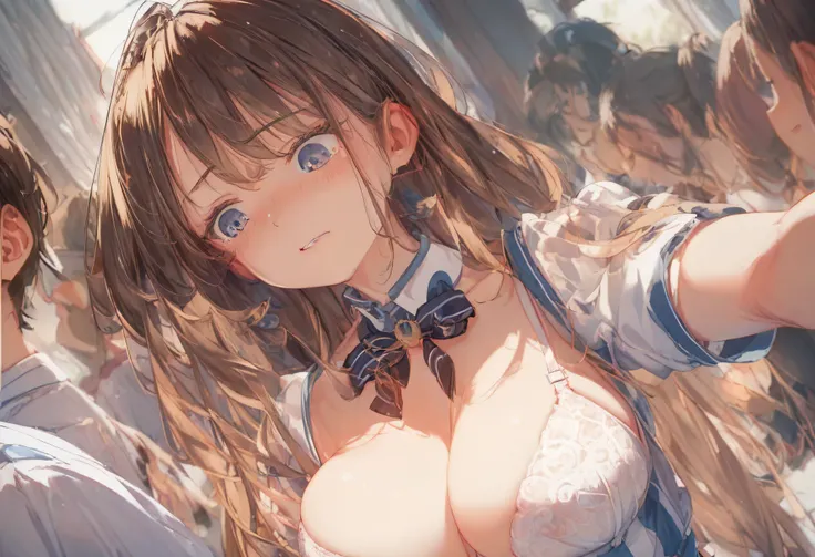 Ultra high definition、Anatomically correct、whole body、Open sailor suit、White bra、Black Ribbon、One cute sister、Japanese、Straight long hair、Soft dark brown hair、Braiding、Disheveled Hair、bangs、 Small Boobs、White skin、Girl looking down and closing her eyes、Hol...