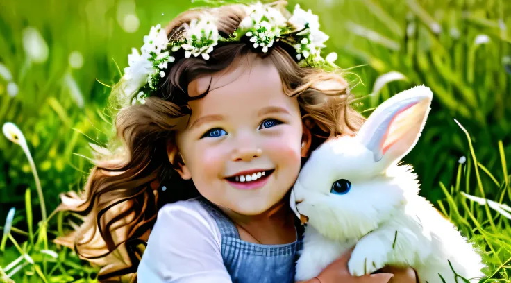 In this realistic picture, the joyful toddler sits in a field of green grass, her face radiating pure happiness as she cuddles a soft white bunny in her arms. Her wide smile reveals her tiny teeth, and her eyes shine with excitement, capturing a moment of ...