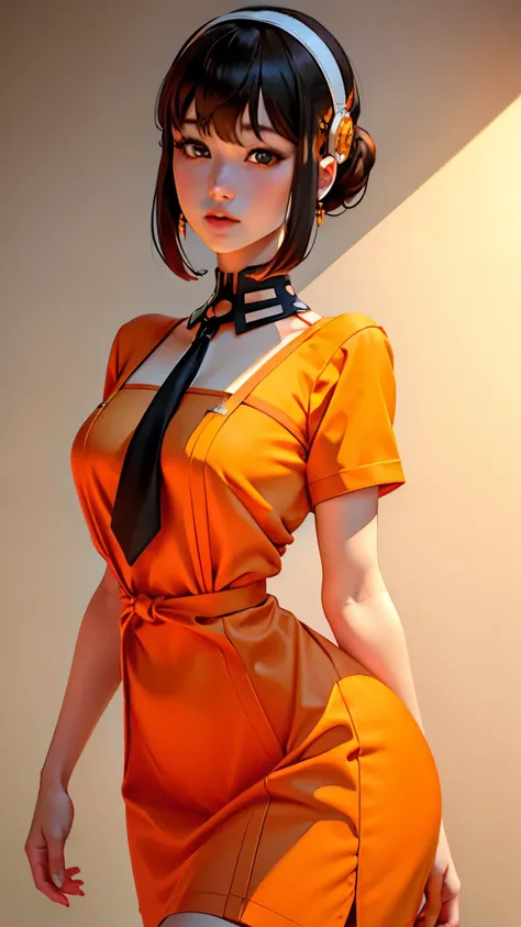 Cute, sexy, robot girl, white background, her hair cut in the front and tied with two ties in the back, wearing an orange dress combined with a skirt, and under the dress a yellow shirt, brown hair, robot