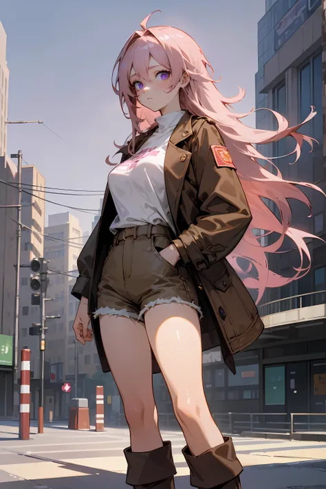 masterpiece, best quality, 1female, medium boobs, brown jacket, white shirt, long sleeves, jean shorts, brown boots, long pink hair, messy hair, beautiful purple eyes, sclera, perfect face, perfect eyes, standing still, facing viewer, city background, buil...