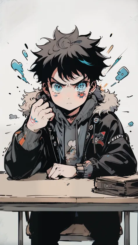 (high quality), (masterpiece), (detailed), 8K, (Teenage boy1.3) in (cute exaggerated style1.3) sits at table with (angry comical expression1.2). He slams fist down, causing (table to wobble1.2) as he complains loudly, with (pouty exaggerated expression1.3)...