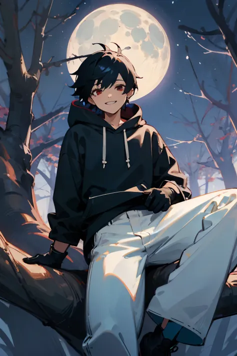 ((Highest quality)), ((masterpiece)), (detailed)Black Hair、 Short hair adult、youth、Red eyes, moonlit night forest in the background, sitting on a tree, toothy smile、
Black hoodie、White baggy pants and black leather gloves、Villain
