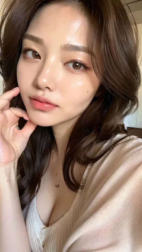 ((Highest quality, 8k, masterpiece: 1.3)), 1 female, Japanese Mature,Sensual beauty: 1.3, (Hair style Brown hair Medium wave, big: 1.2), Nightwear: 1.1, Super Slender Face, Delicate eyes, double eyelid, Dimples,Mole, Home,Plump body, Cleavage, very thick l...